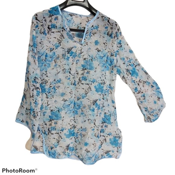 *3/$20* NWOT handmade tunic blue/white floral - Picture 1 of 9